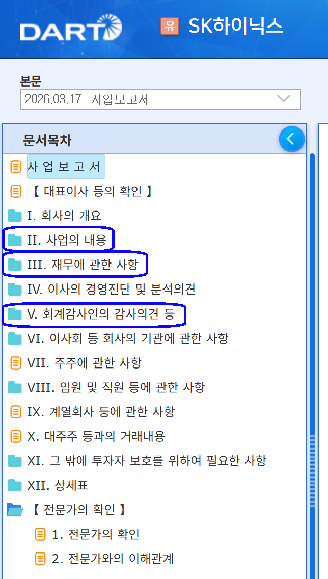 사업보고서 읽는 법 체크리스트 — SK하이닉스 목차 화면